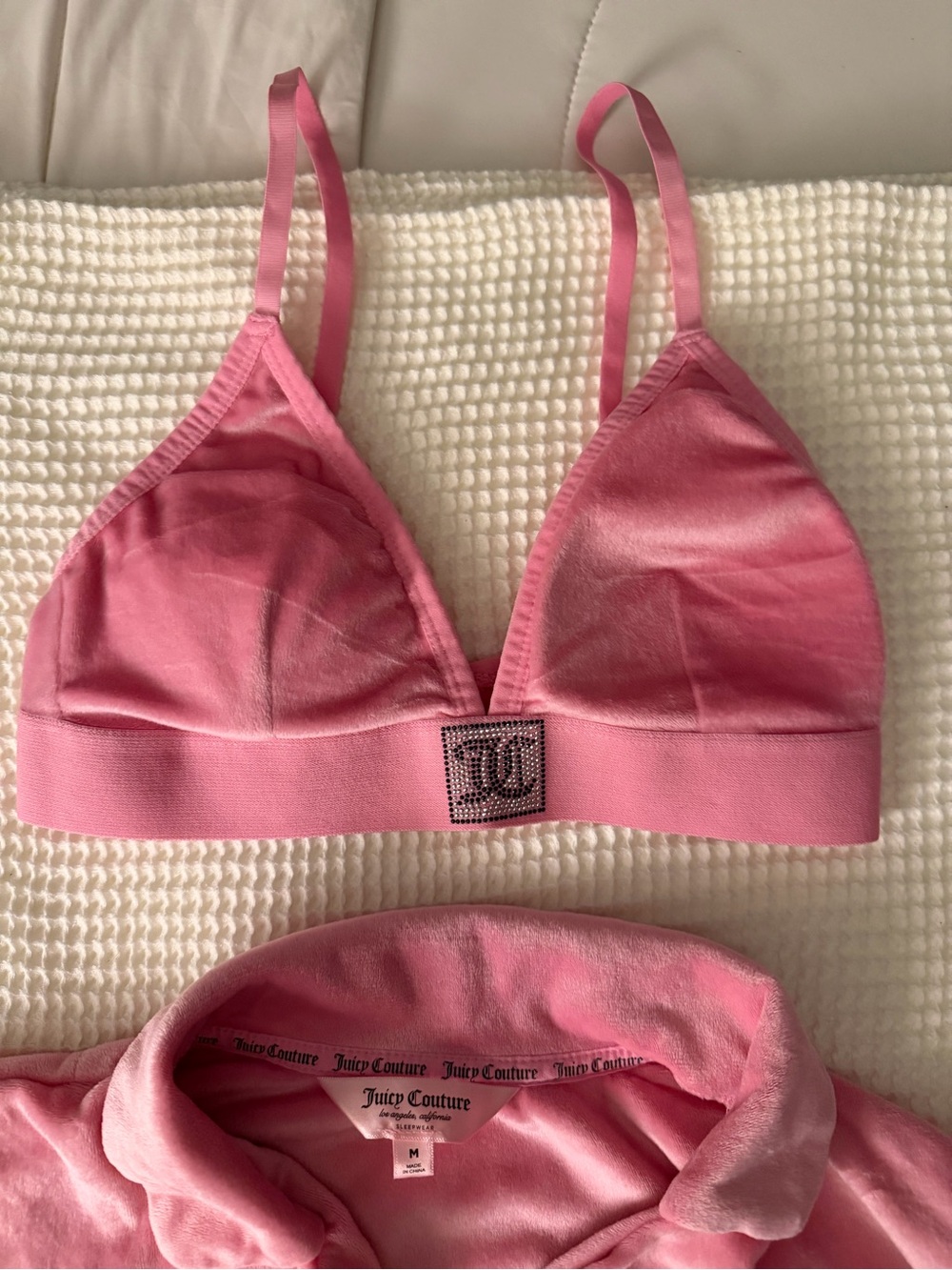 Juicy Couture Women's Pink Matching Velour Pants, Long-Sleeve Shirt & Bralette